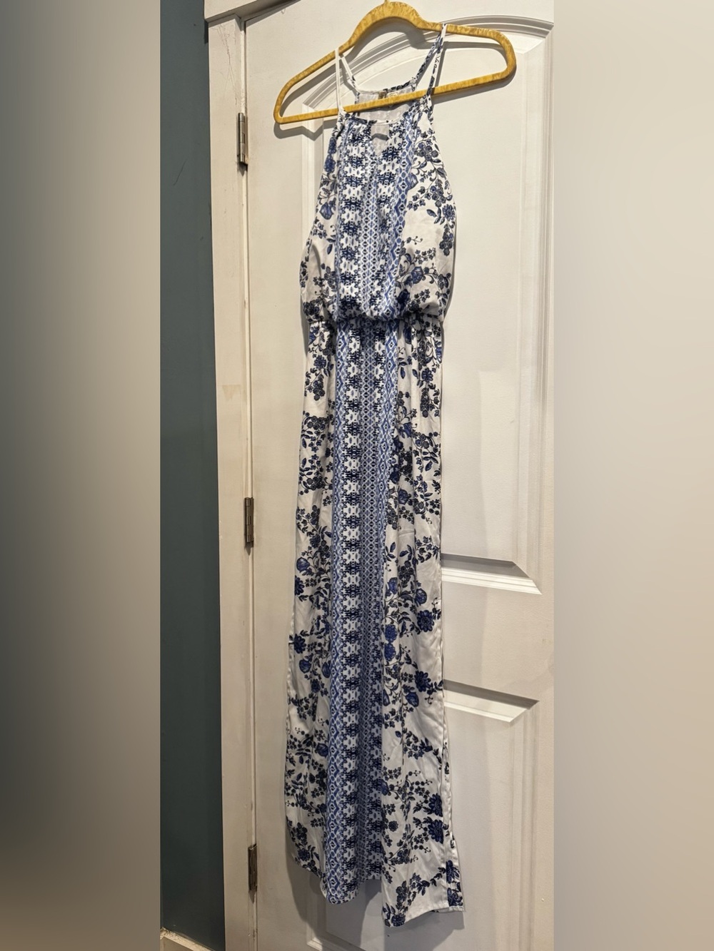 Japna Small Blue White Floral Halter Maxi Dress Double Side Slits
